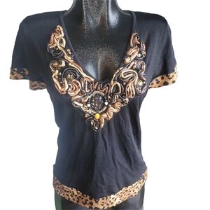 Motive Black Top with Leopard Print Trim and Embellished Front M
